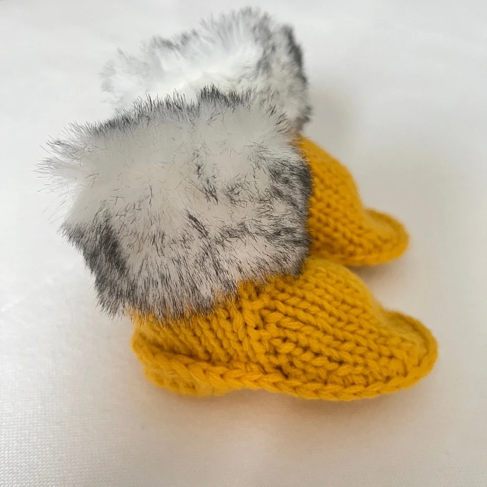 Cozy Golden Yellow Knit Baby Booties with Faux Fur Trim